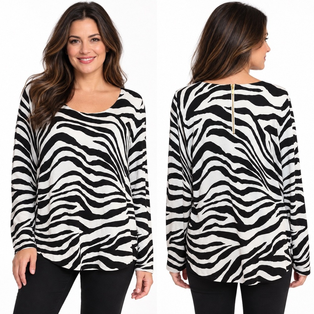 Chico's Mindy Zebra Pattern Zip Back Pullover Sweater Size 2 L Black White